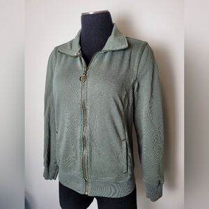 Army Green Bomber Jacket Floral Hippie 70s 80s Full Zip Grunge Gypsy Size Small